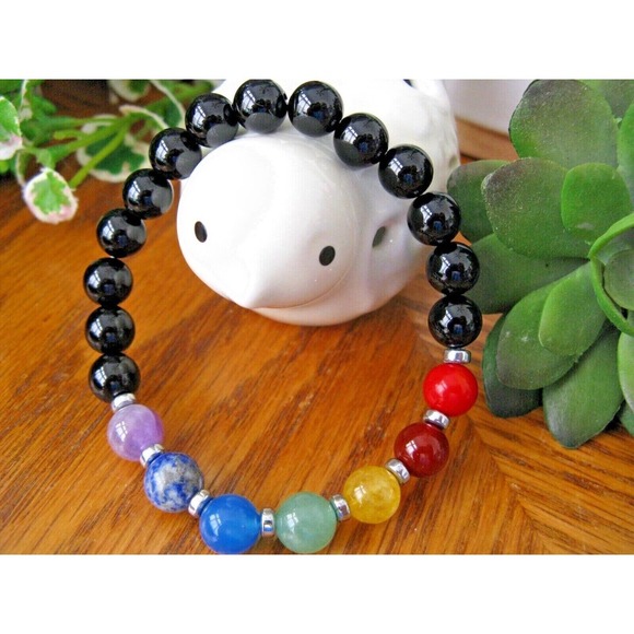 New Natural Crystal Healing Chakra Gemstones & Black Onyx Quartz 9mm Bracelet - Picture 1 of 6